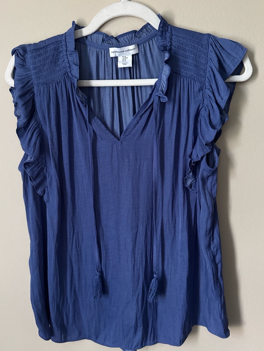 Johnny Cupcakes Indigo Ruffle Sleeve V-Neck Blouse